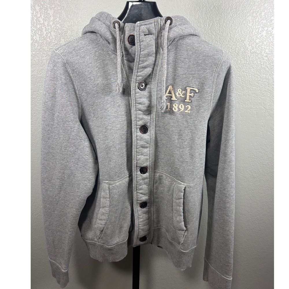 Abercrombie & Fitch Mens XXL Gray Button Front Hoodie Embroidered 1892 Y2K
